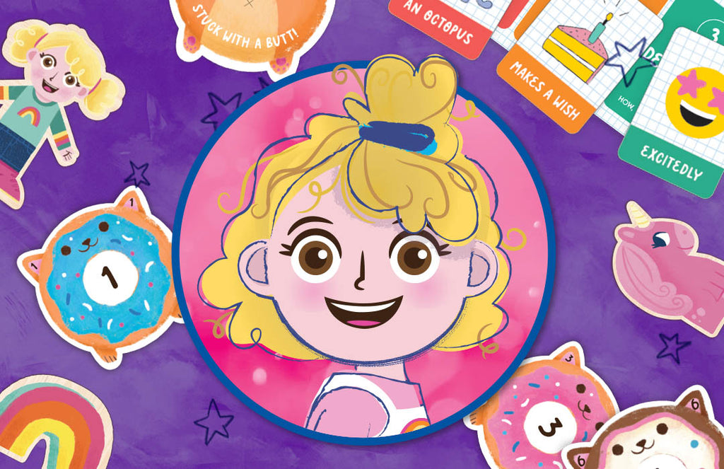 AlongCameAbby icon - smiling girl surrounded by fun toys